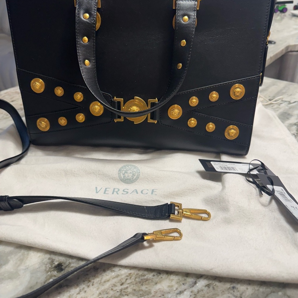 Versace Black and Gold Studded Shoulder Bag